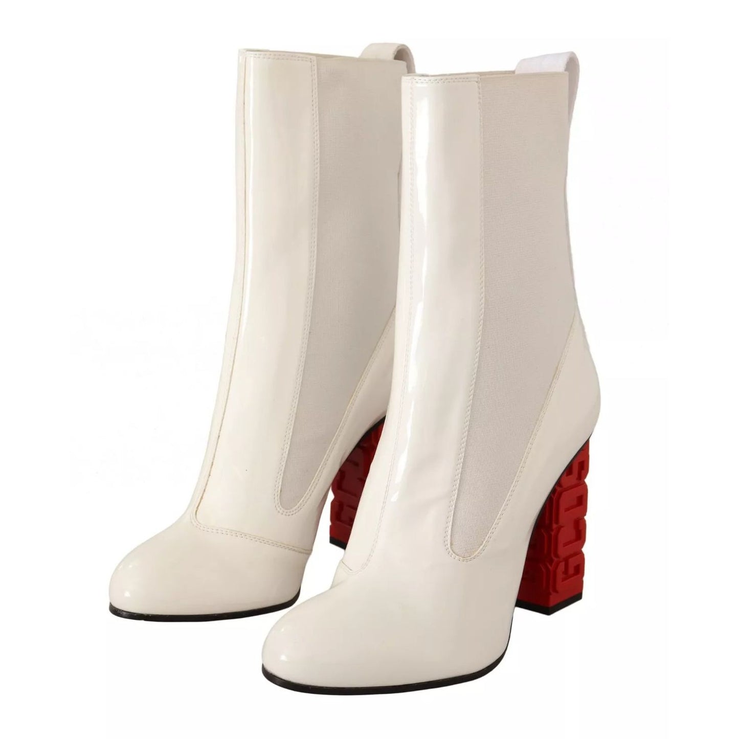 GCDS White Leather Fabric Red Logo Heel Ankle Boots Shoes GCDS