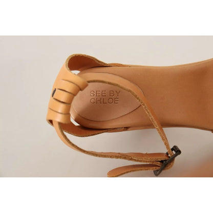 See By Chloé Brown Leather Studded Ankle Strap Sandals Shoes See By Chloé