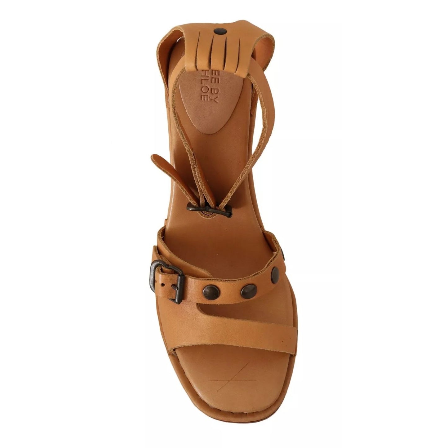 See By Chloé Brown Leather Studded Ankle Strap Sandals Shoes See By Chloé