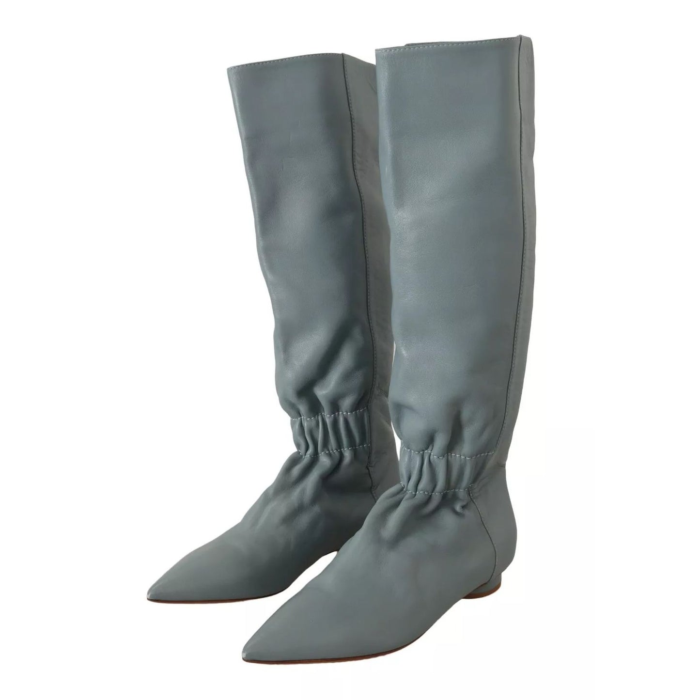 Valentino Blue Leather Elastic Flats Pull On Knee High Boots Shoes Valentino