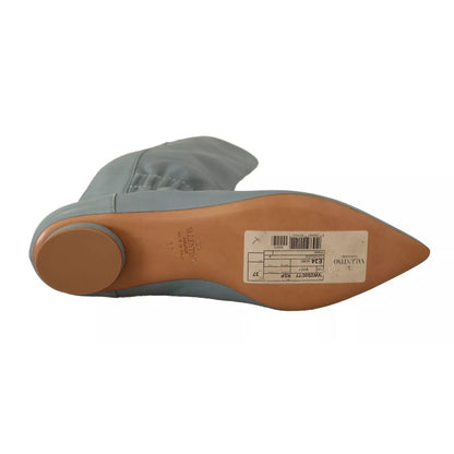 Valentino Blue Leather Elastic Flats Pull On Knee High Boots Shoes Valentino