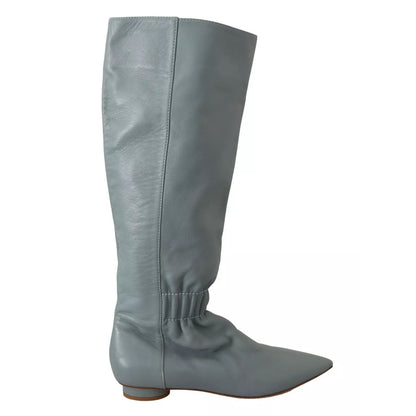 Valentino Blue Leather Elastic Flats Pull On Knee High Boots Shoes Valentino