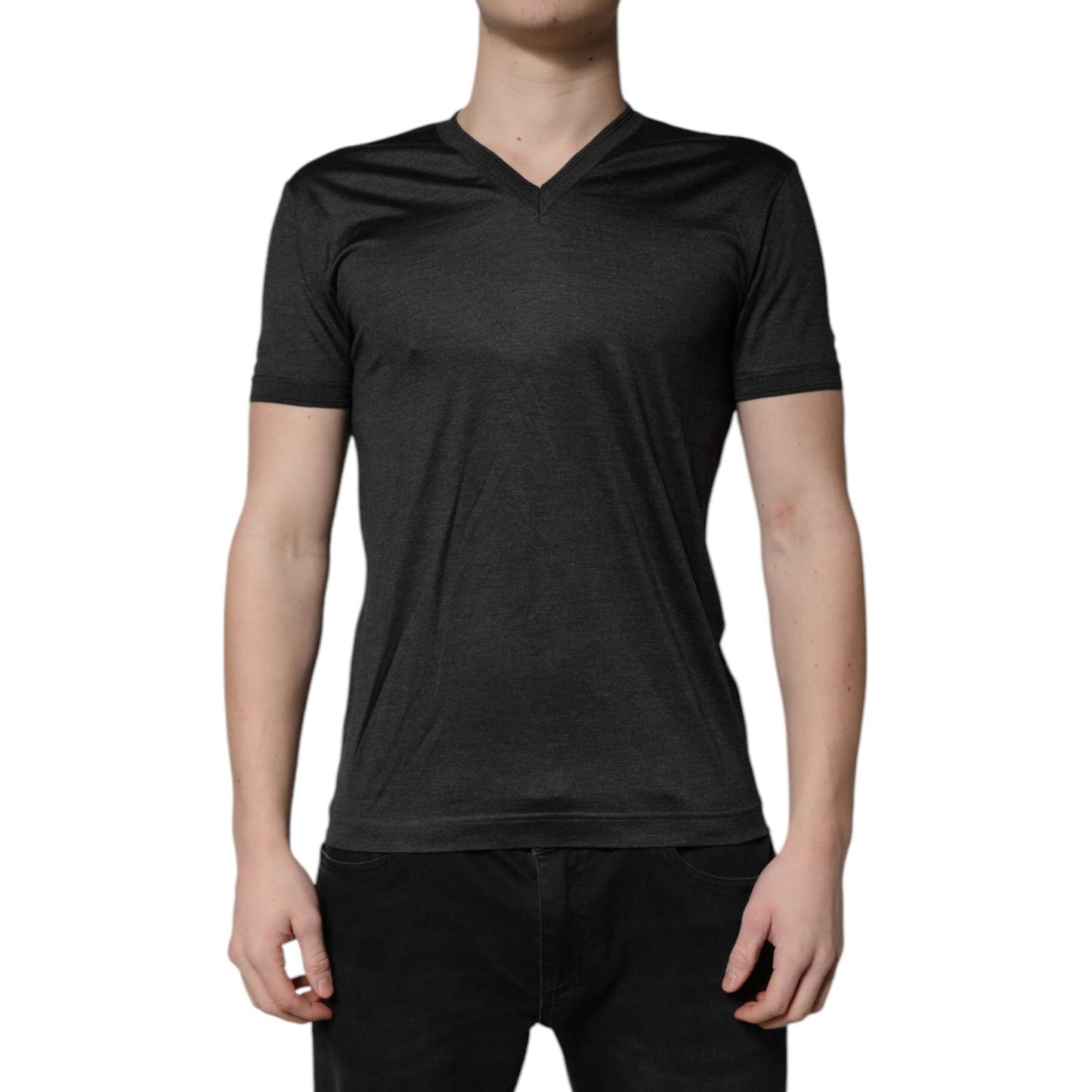 Dolce & Gabbana Dark Gray Silk V-neck Short Sleeves T-shirt Dolce & Gabbana