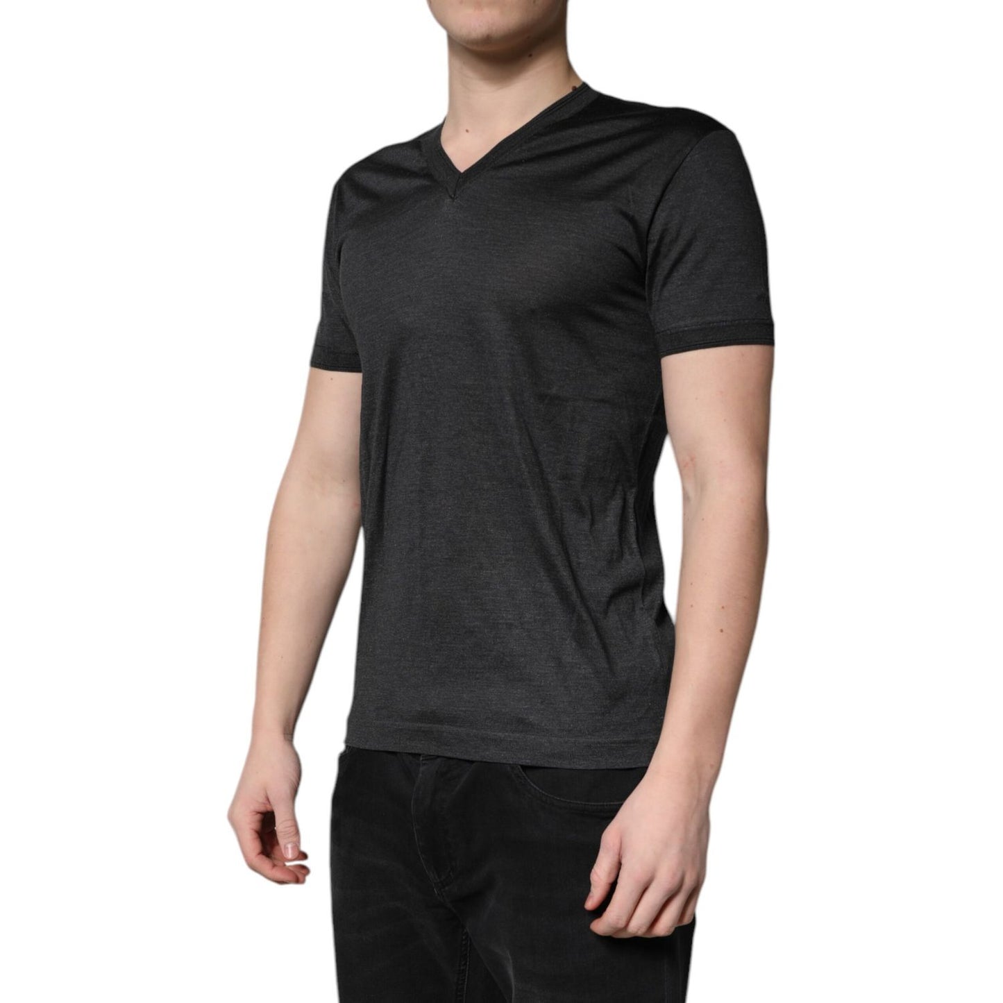 Dolce & Gabbana Dark Gray Silk V-neck Short Sleeves T-shirt Dolce & Gabbana