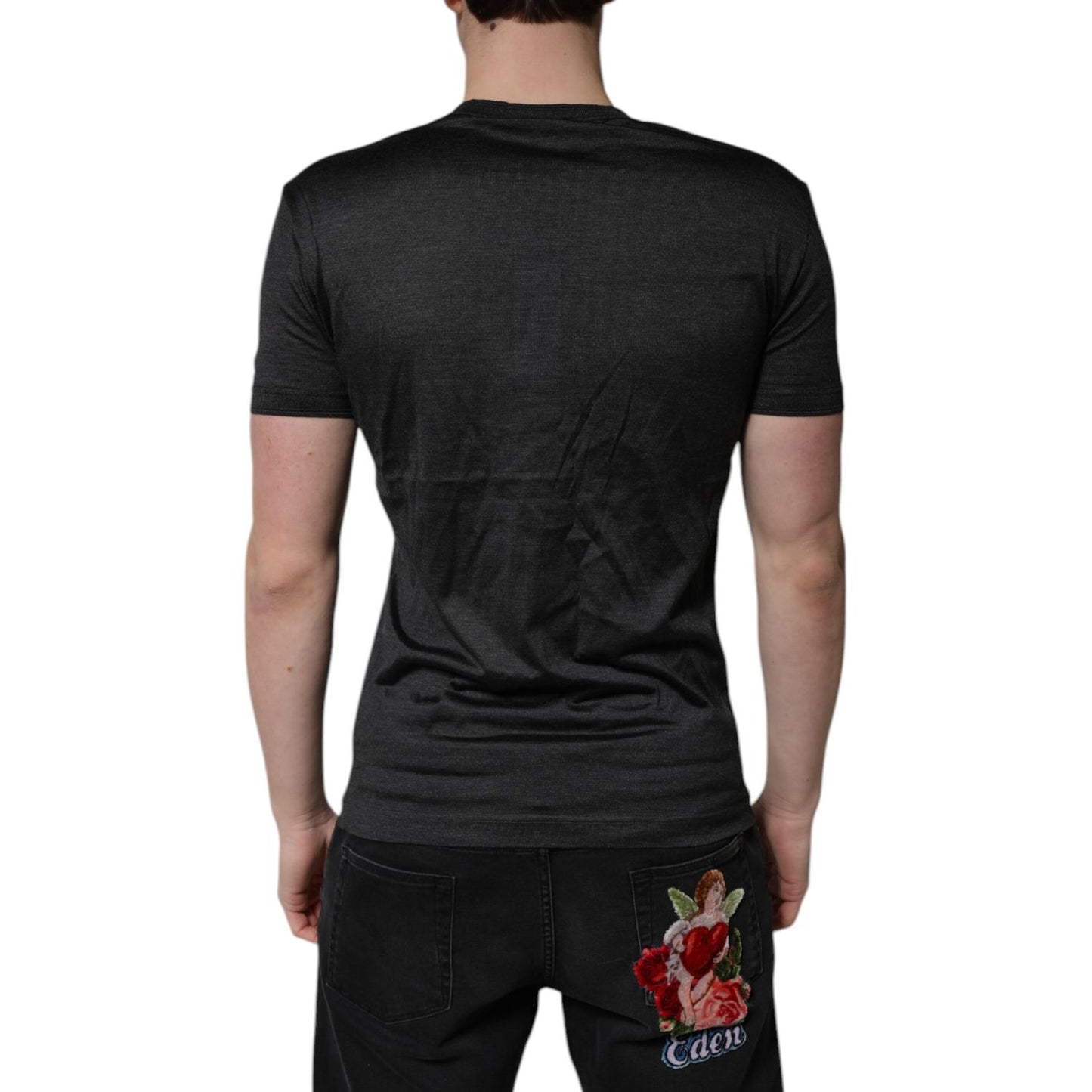 Dolce & Gabbana Dark Gray Silk V-neck Short Sleeves T-shirt Dolce & Gabbana