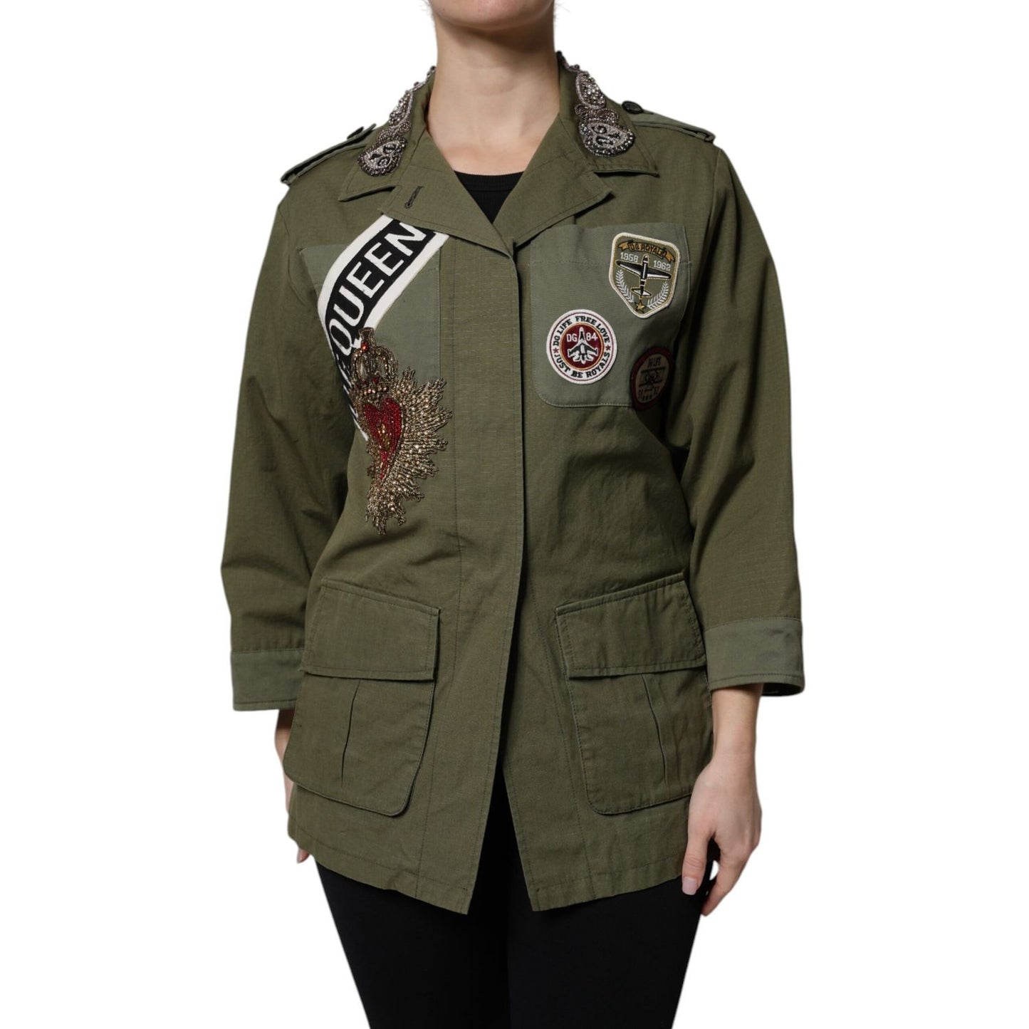 Dolce & Gabbana Military Green Queen Embellished Coat Jacket Dolce & Gabbana