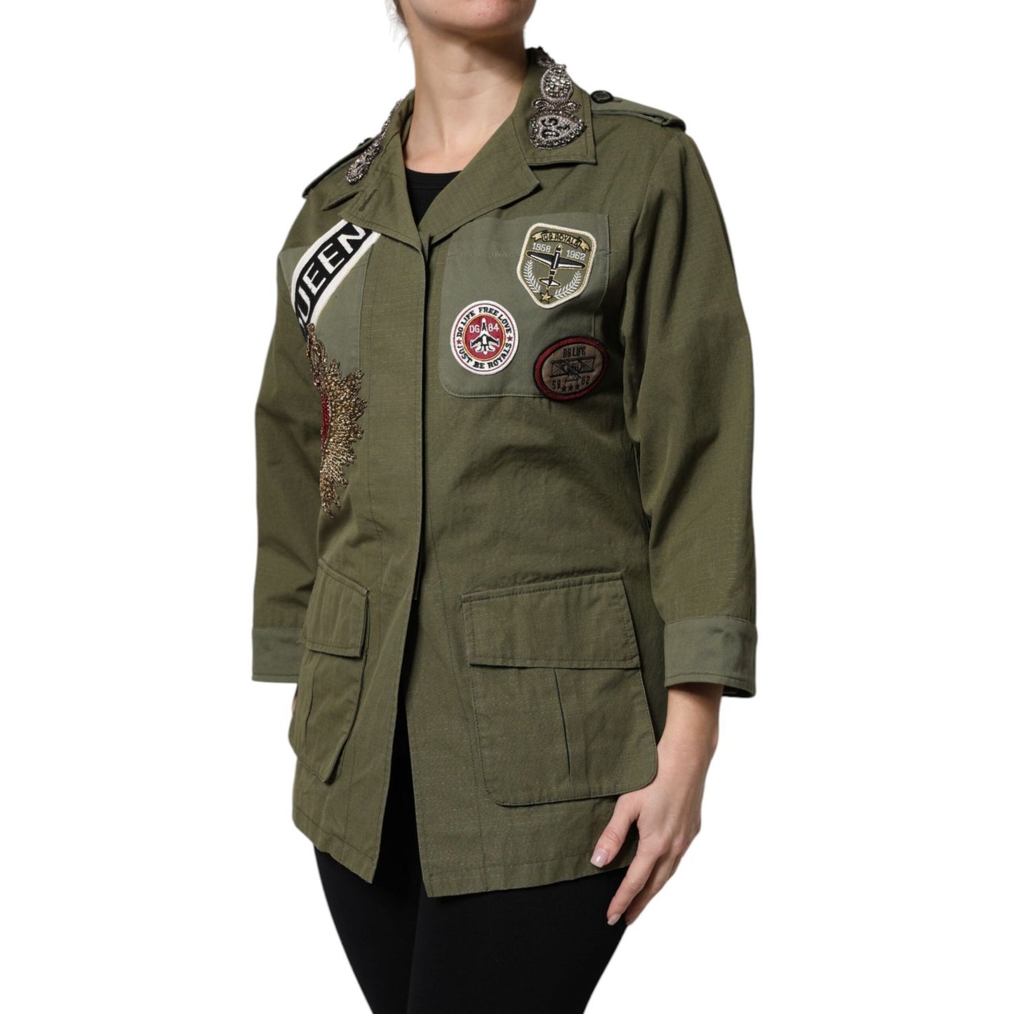 Dolce & Gabbana Military Green Queen Embellished Coat Jacket Dolce & Gabbana