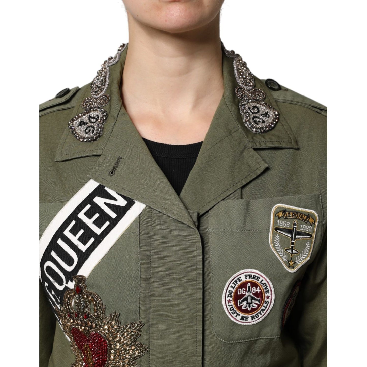 Dolce & Gabbana Military Green Queen Embellished Coat Jacket Dolce & Gabbana