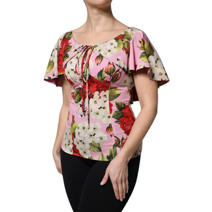 Dolce & Gabbana Pink Floral Silk Short Sleeves Blouse Top Dolce & Gabbana