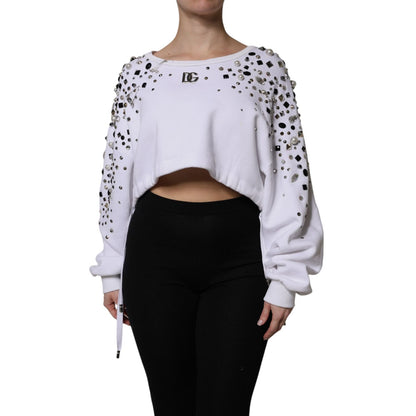 Dolce & Gabbana White Embellished Long Sleeve Cropped Sweater Dolce & Gabbana