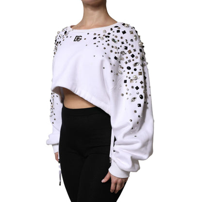 Dolce & Gabbana White Embellished Long Sleeve Cropped Sweater Dolce & Gabbana