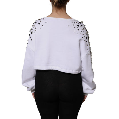 Dolce & Gabbana White Embellished Long Sleeve Cropped Sweater Dolce & Gabbana
