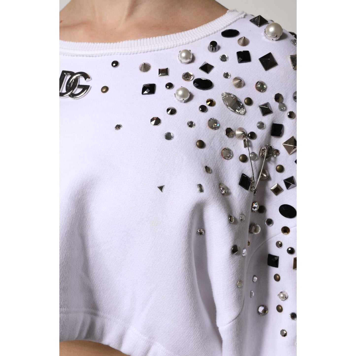 Dolce & Gabbana White Embellished Long Sleeve Cropped Sweater Dolce & Gabbana