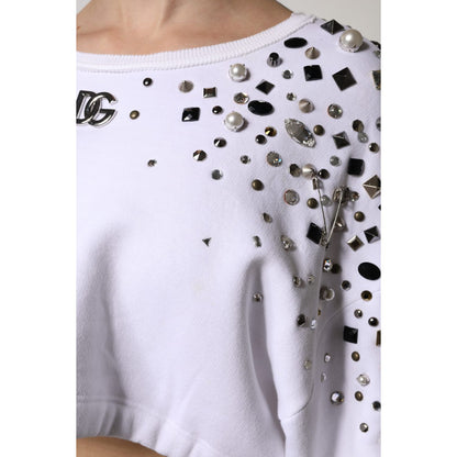 Dolce & Gabbana White Embellished Long Sleeve Cropped Sweater Dolce & Gabbana