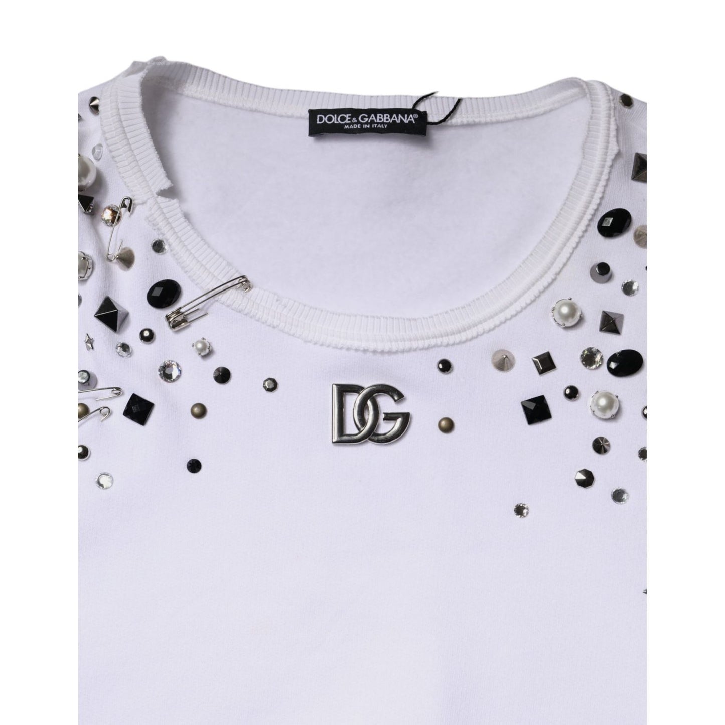 Dolce & Gabbana White Embellished Long Sleeve Cropped Sweater Dolce & Gabbana
