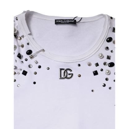 Dolce & Gabbana White Embellished Long Sleeve Cropped Sweater Dolce & Gabbana