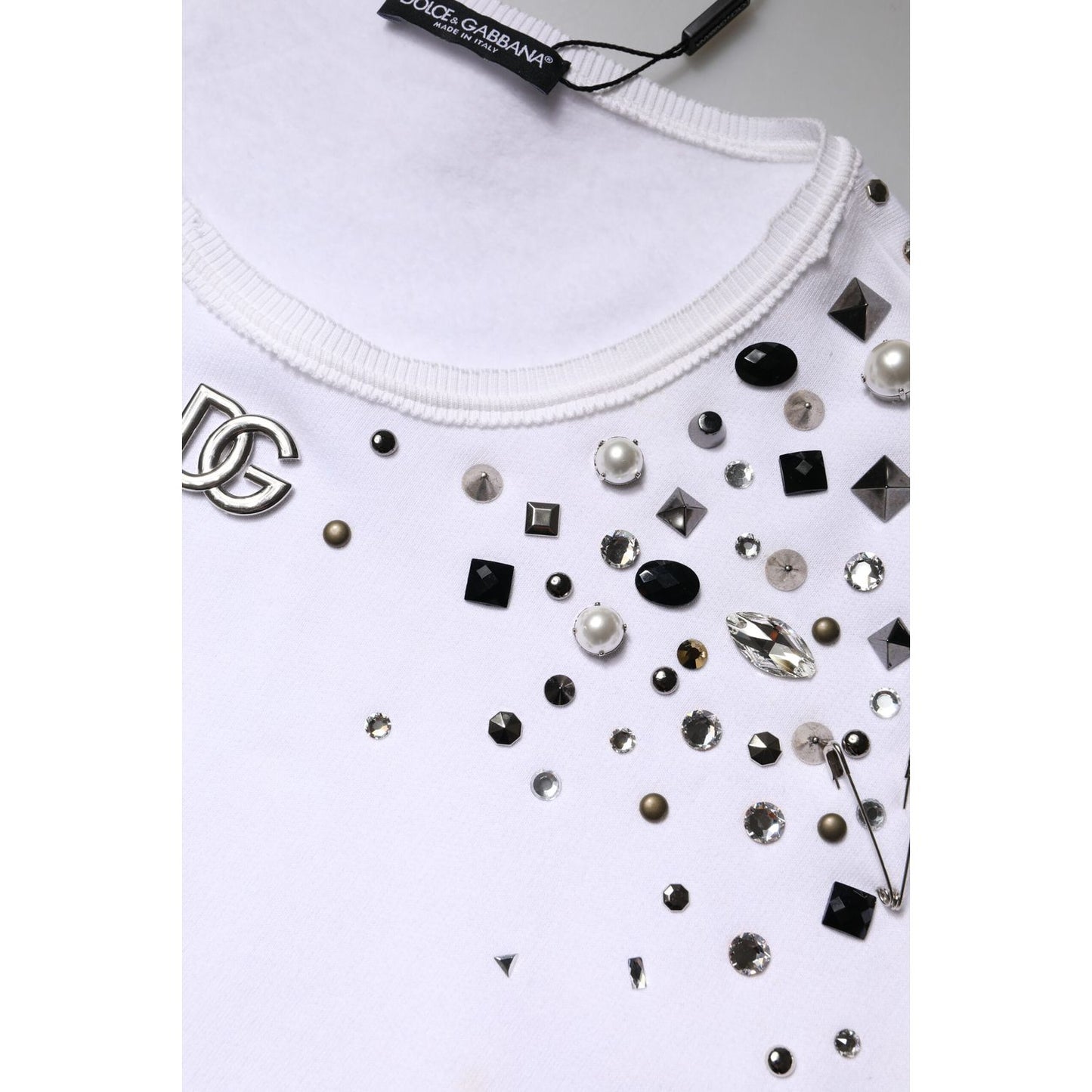 Dolce & Gabbana White Embellished Long Sleeve Cropped Sweater Dolce & Gabbana