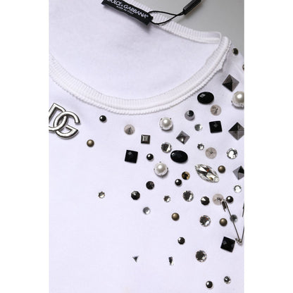 Dolce & Gabbana White Embellished Long Sleeve Cropped Sweater Dolce & Gabbana