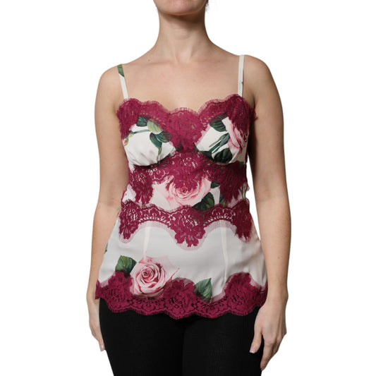 Dolce & Gabbana White Rose Print Satin Lace Tank Top Lingerie Dolce & Gabbana