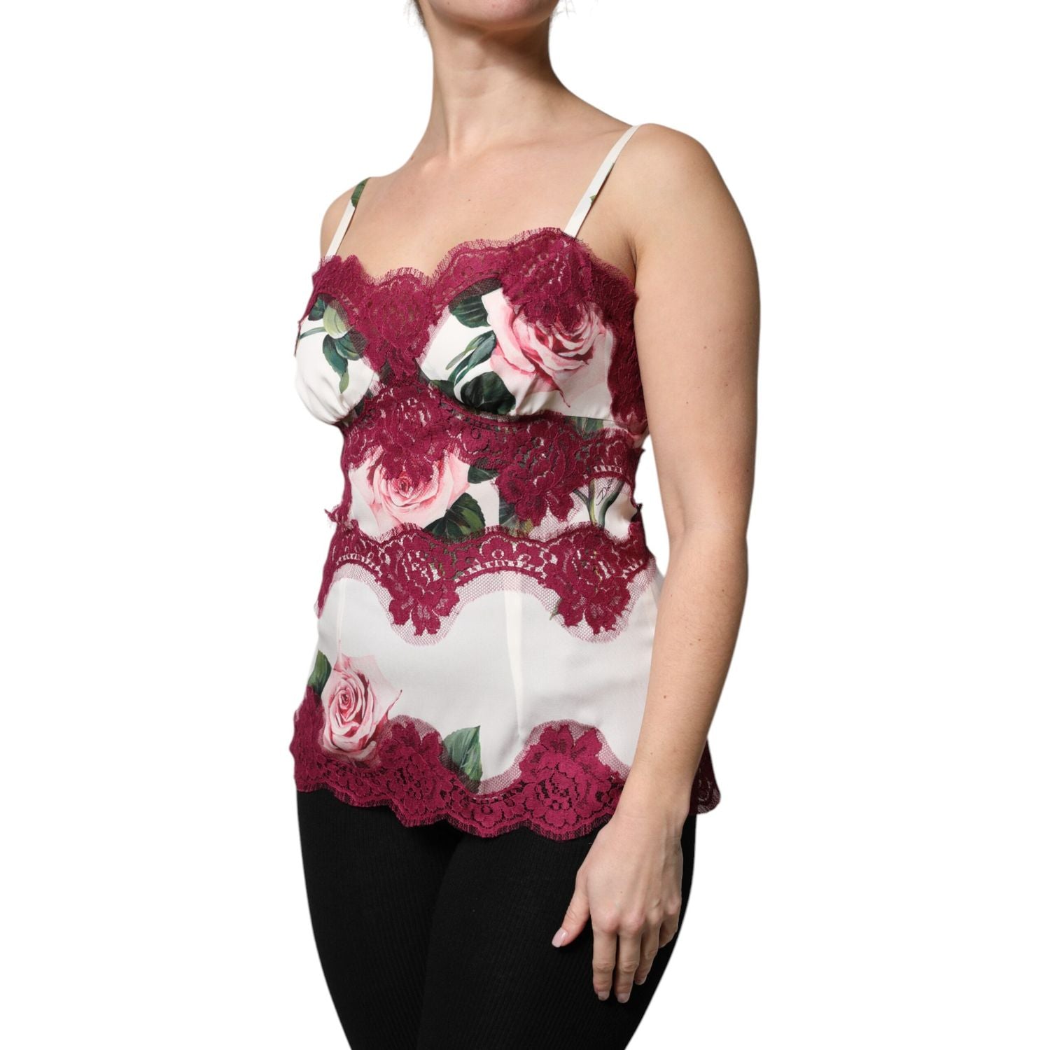 Dolce & Gabbana White Rose Print Satin Lace Tank Top Lingerie