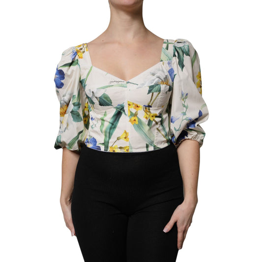 Dolce & Gabbana White Floral Puff Sleeves Crop Blouse Top Dolce & Gabbana