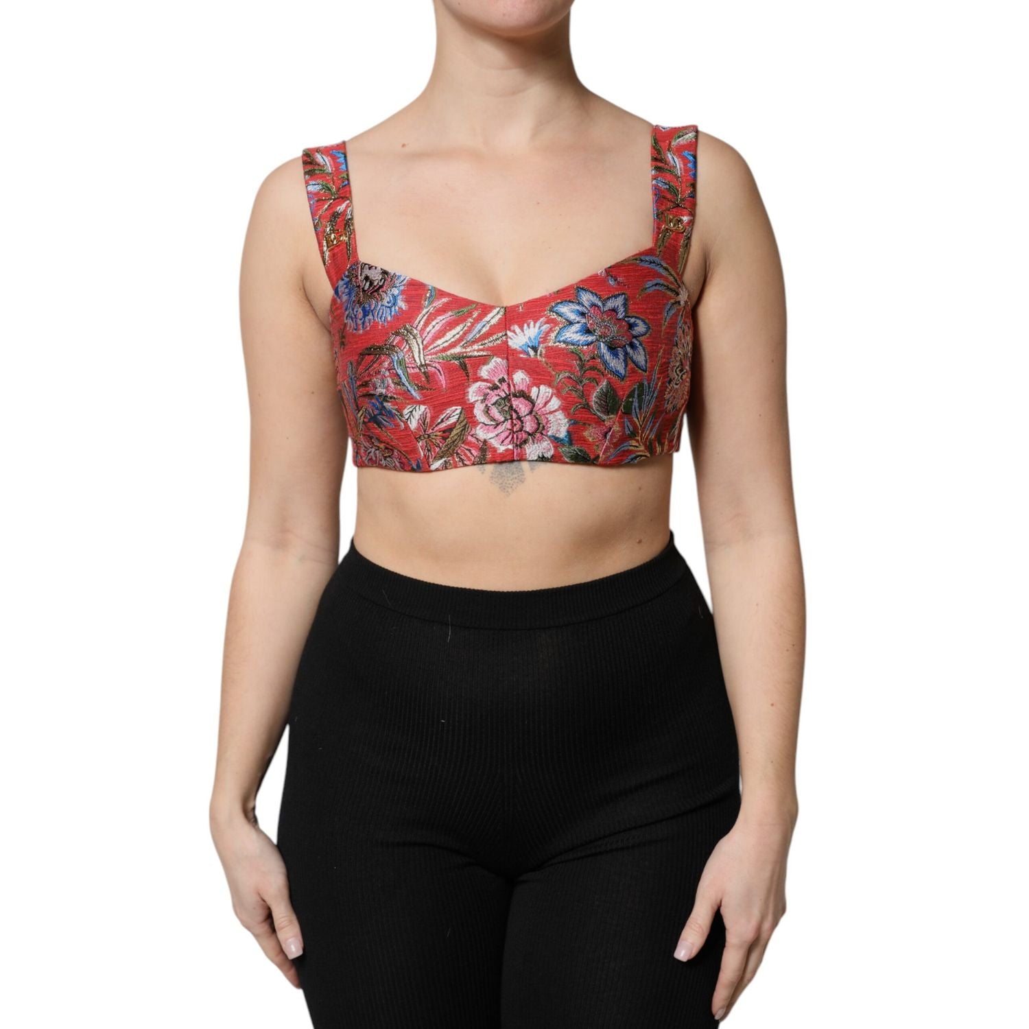 Dolce & Gabbana Red Floral Brocade Cropped Bustier Corset Top