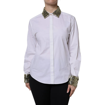 Dolce & Gabbana White Cotton Long Sleeves Sequin Shirt Top Dolce & Gabbana