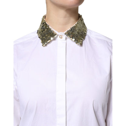 Dolce & Gabbana White Cotton Long Sleeves Sequin Shirt Top Dolce & Gabbana