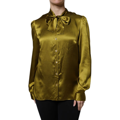Dolce & Gabbana Olive Green Ascot Collar Long Sleeve Blouse Top Dolce & Gabbana