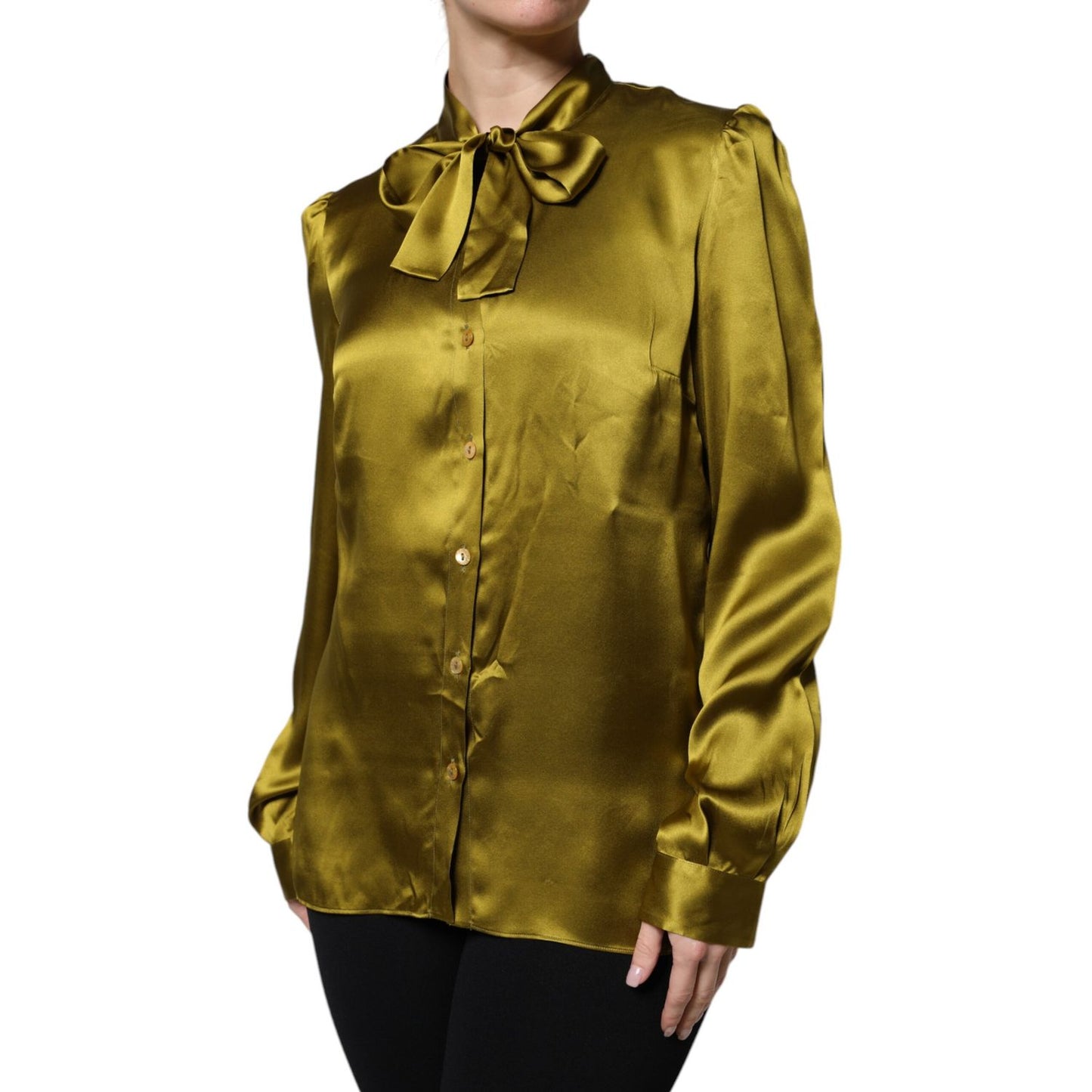 Dolce & Gabbana Olive Green Ascot Collar Long Sleeve Blouse Top Dolce & Gabbana