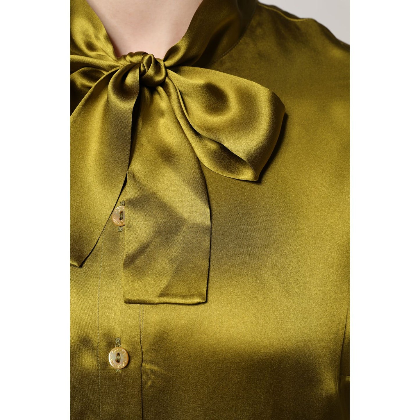 Dolce & Gabbana Olive Green Ascot Collar Long Sleeve Blouse Top Dolce & Gabbana