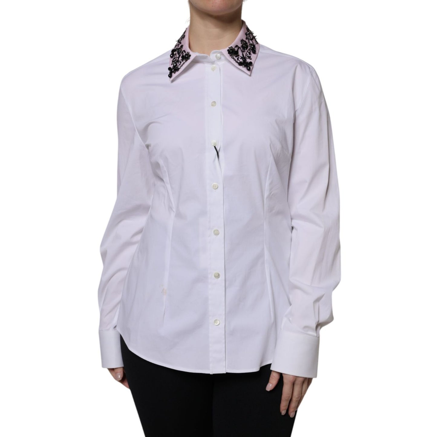 Dolce & Gabbana White Embellished Collared Dress Shirt Top Dolce & Gabbana