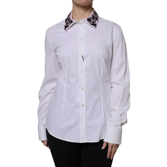 Dolce & Gabbana White Embellished Collared Dress Shirt Top Dolce & Gabbana