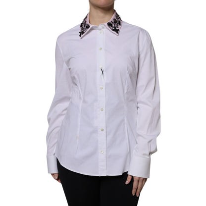 Dolce & Gabbana White Embellished Collared Dress Shirt Top Dolce & Gabbana