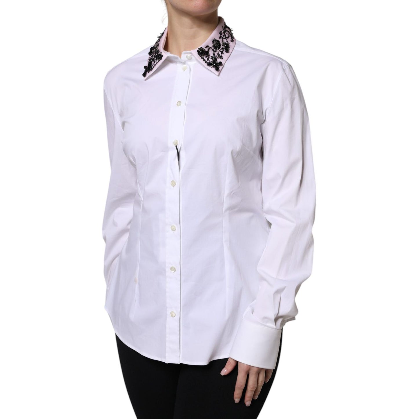 Dolce & Gabbana White Embellished Collared Dress Shirt Top Dolce & Gabbana
