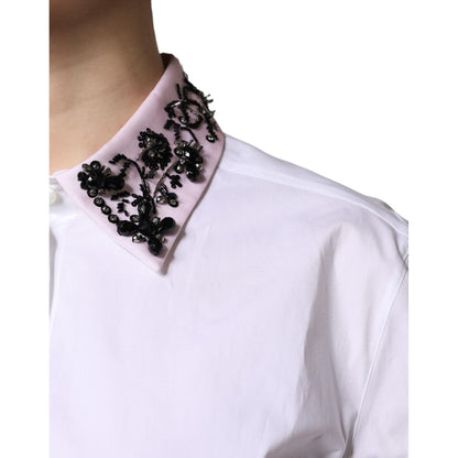Dolce & Gabbana White Embellished Collared Dress Shirt Top Dolce & Gabbana