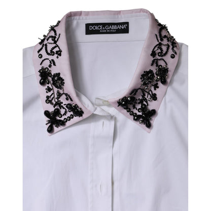 Dolce & Gabbana White Embellished Collared Dress Shirt Top Dolce & Gabbana