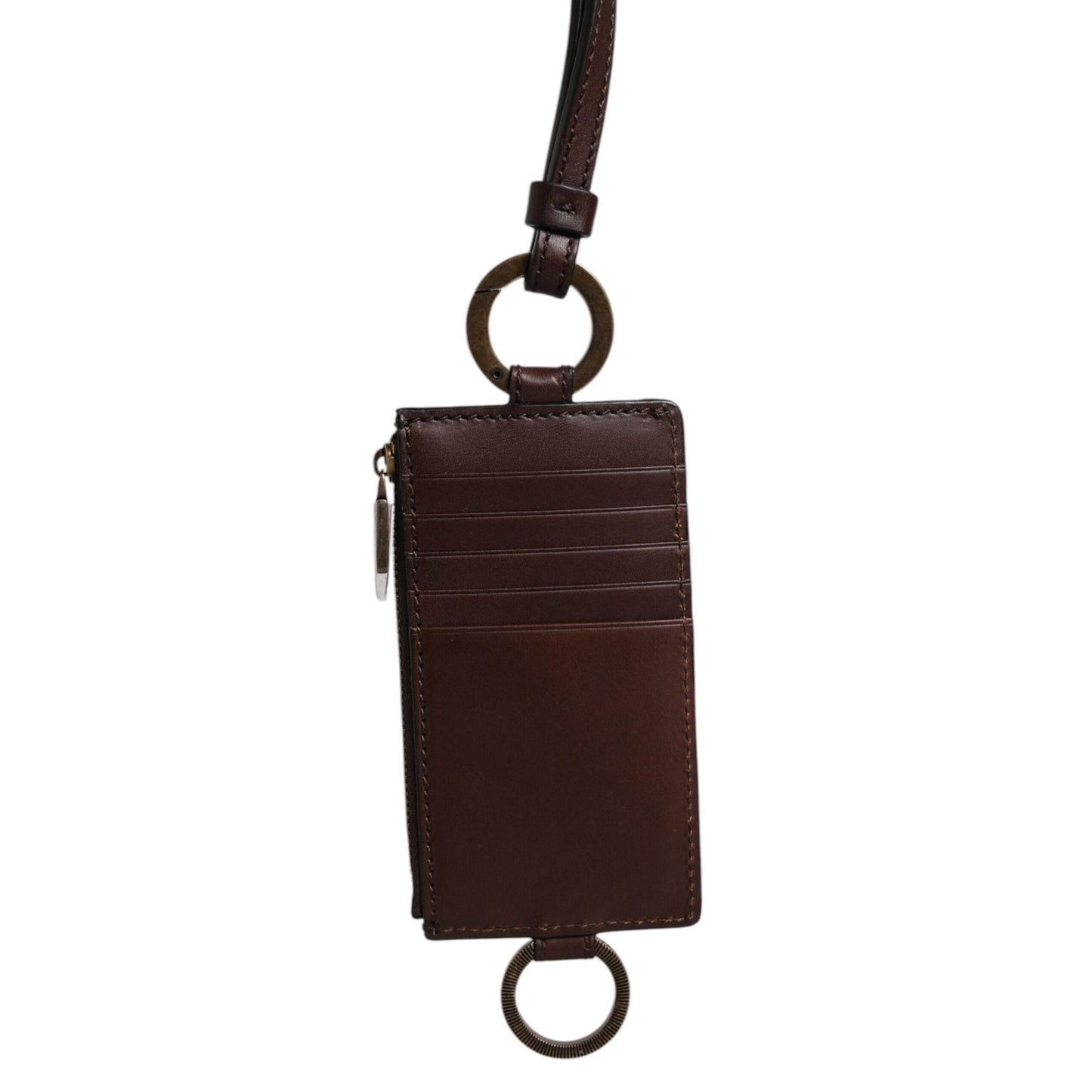 Dolce & Gabbana Brown Calf Leather Lanyard Logo Card Holder Wallet