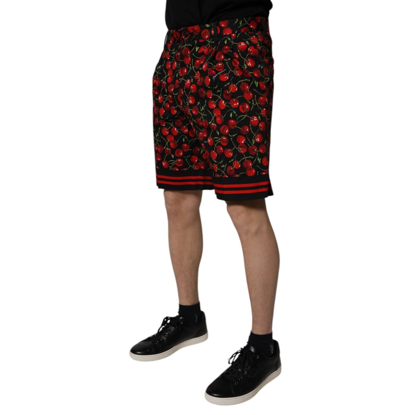 Dolce & Gabbana Black Red Cherry Print Bermuda Cotton Shorts