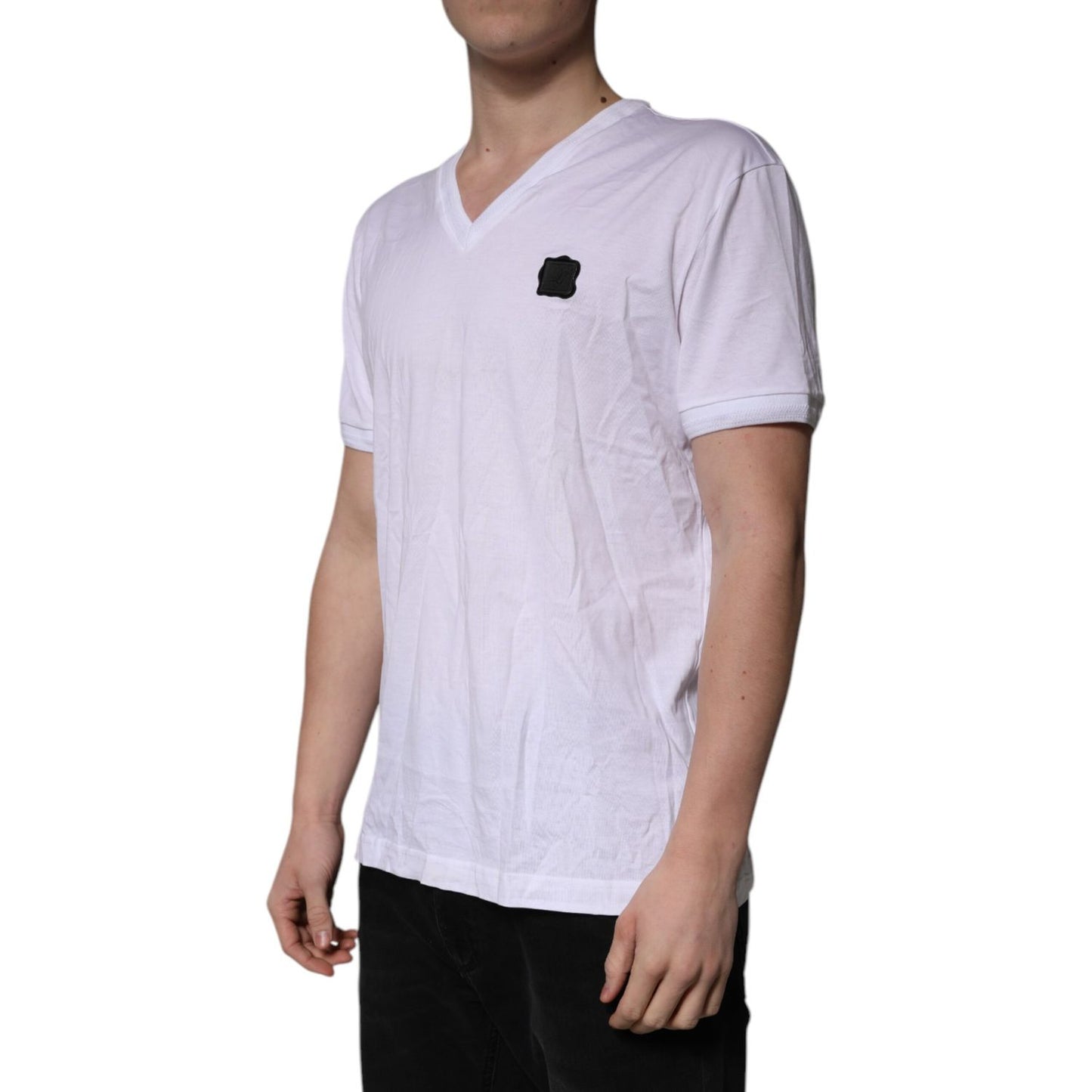 Dolce & Gabbana White Cotton Logo Patch V-neck Tee T-shirt