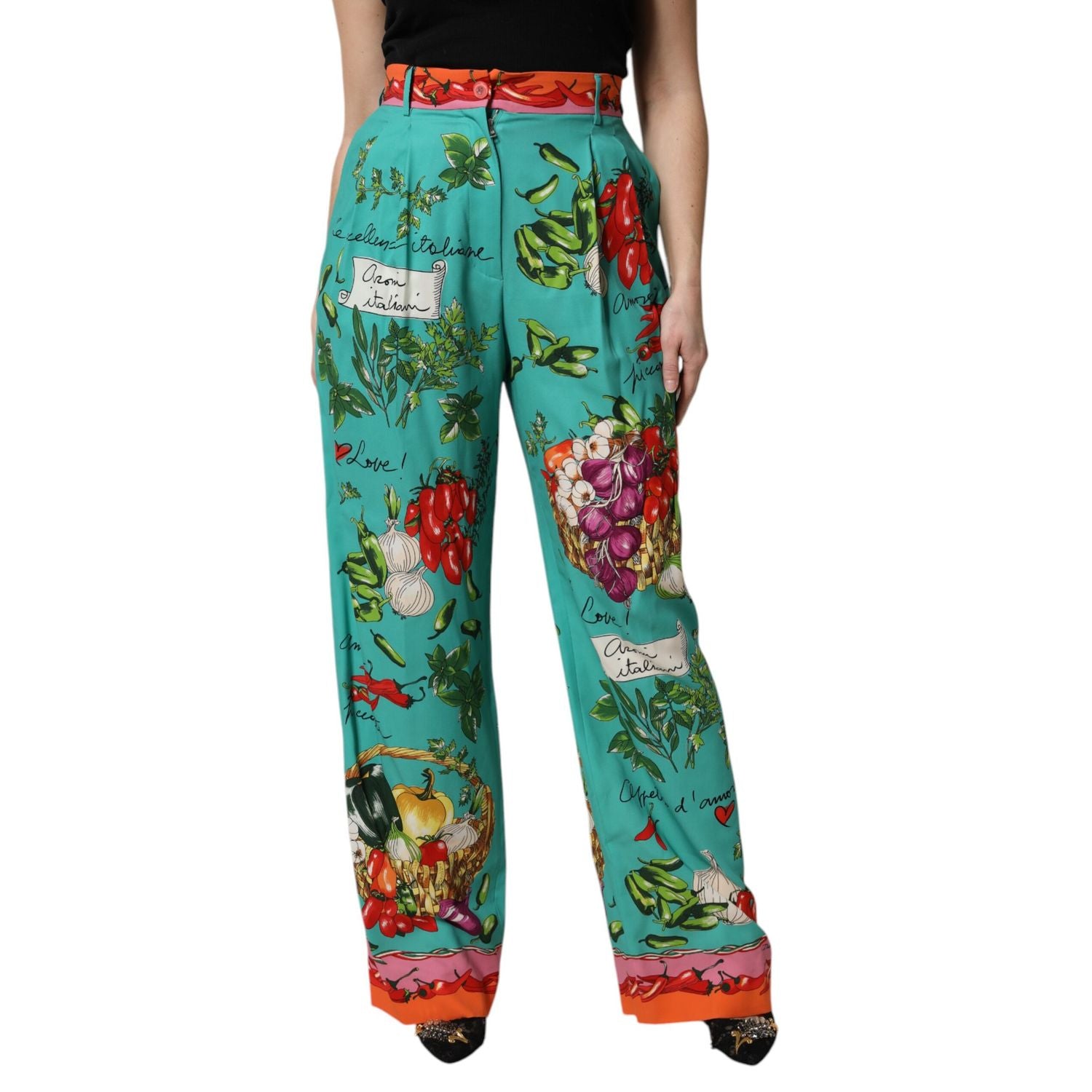 Dolce & Gabbana Green Silk Printed Straight Pants