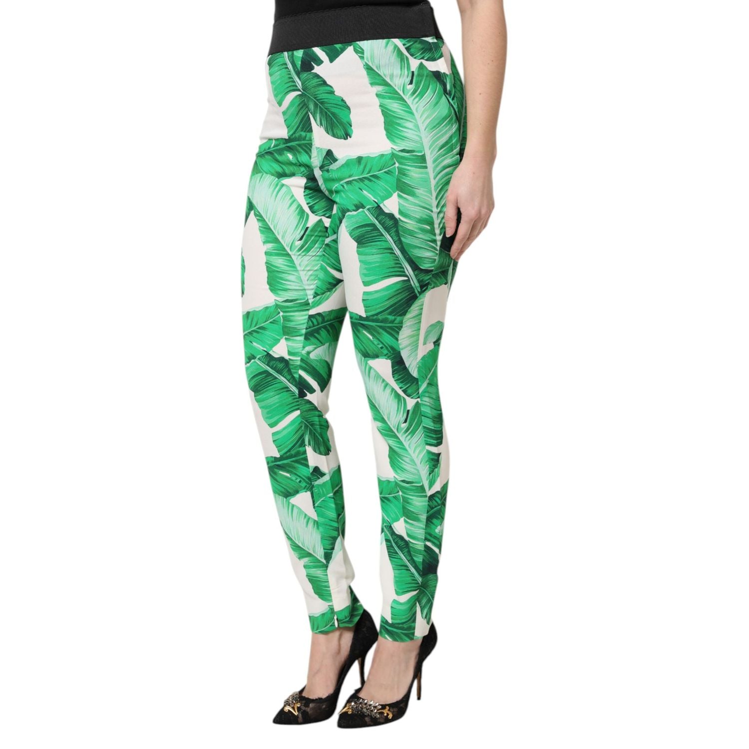 Dolce & Gabbana White Green Leaf High Waist Pants