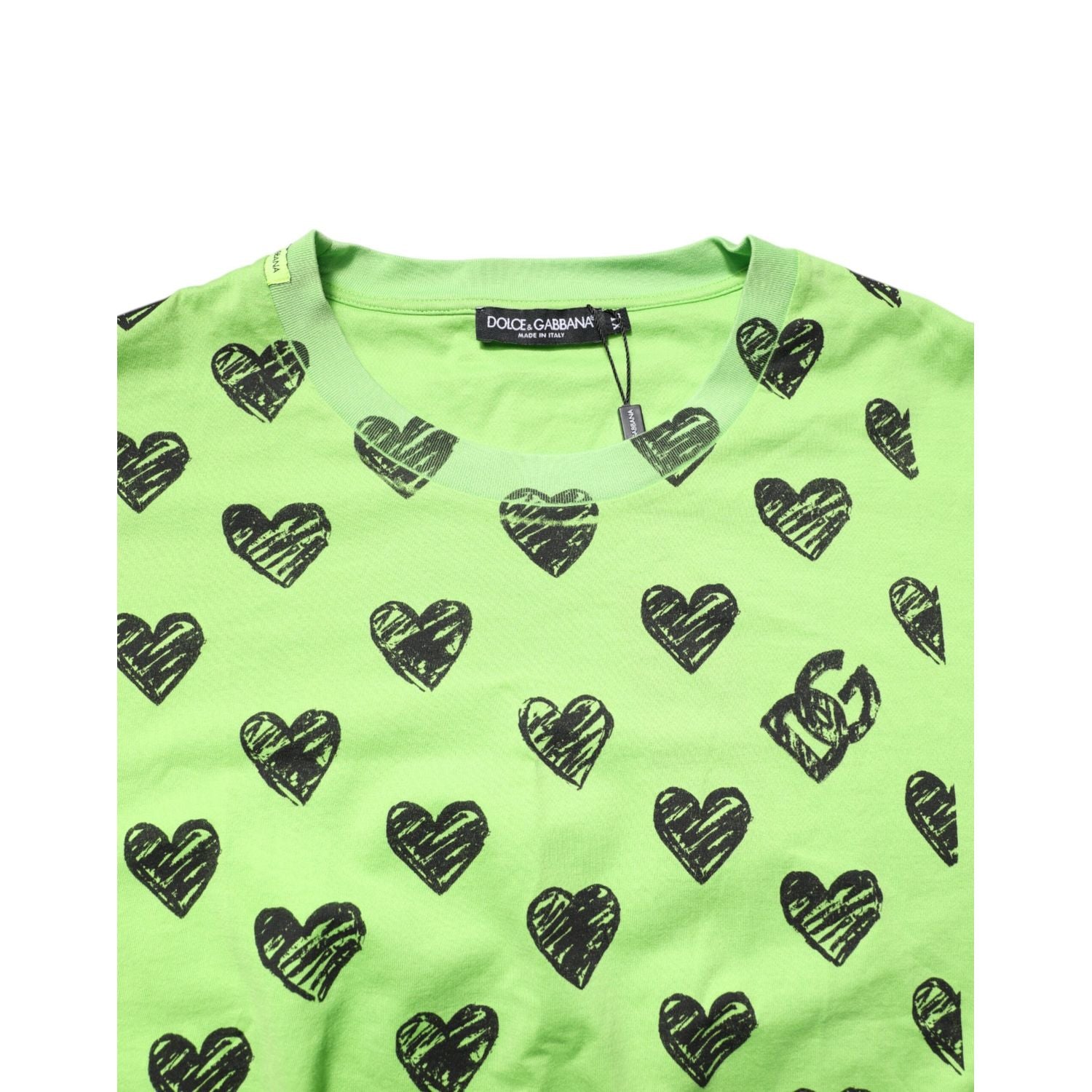 Dolce & Gabbana Green Heart Print Cotton Crew Neck T-shirt