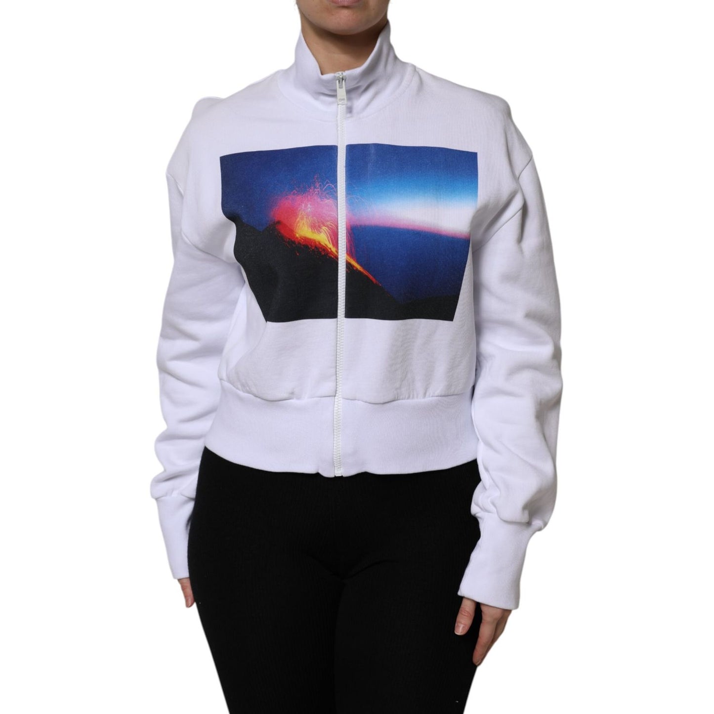 MSGM White Graphic Print Cotton Long Sleeves Full Zip Bomber Jacket MSGM