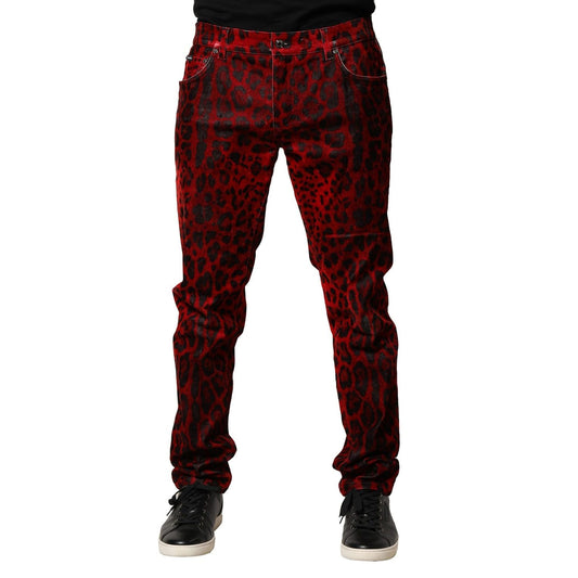 Dolce & Gabbana Red Leopard Print Cotton Skinny Denim Jeans