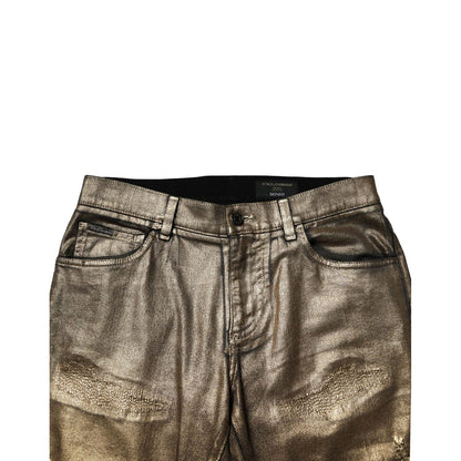Dolce & Gabbana Gold Tattered Cotton Stretch Slim Denim Jeans