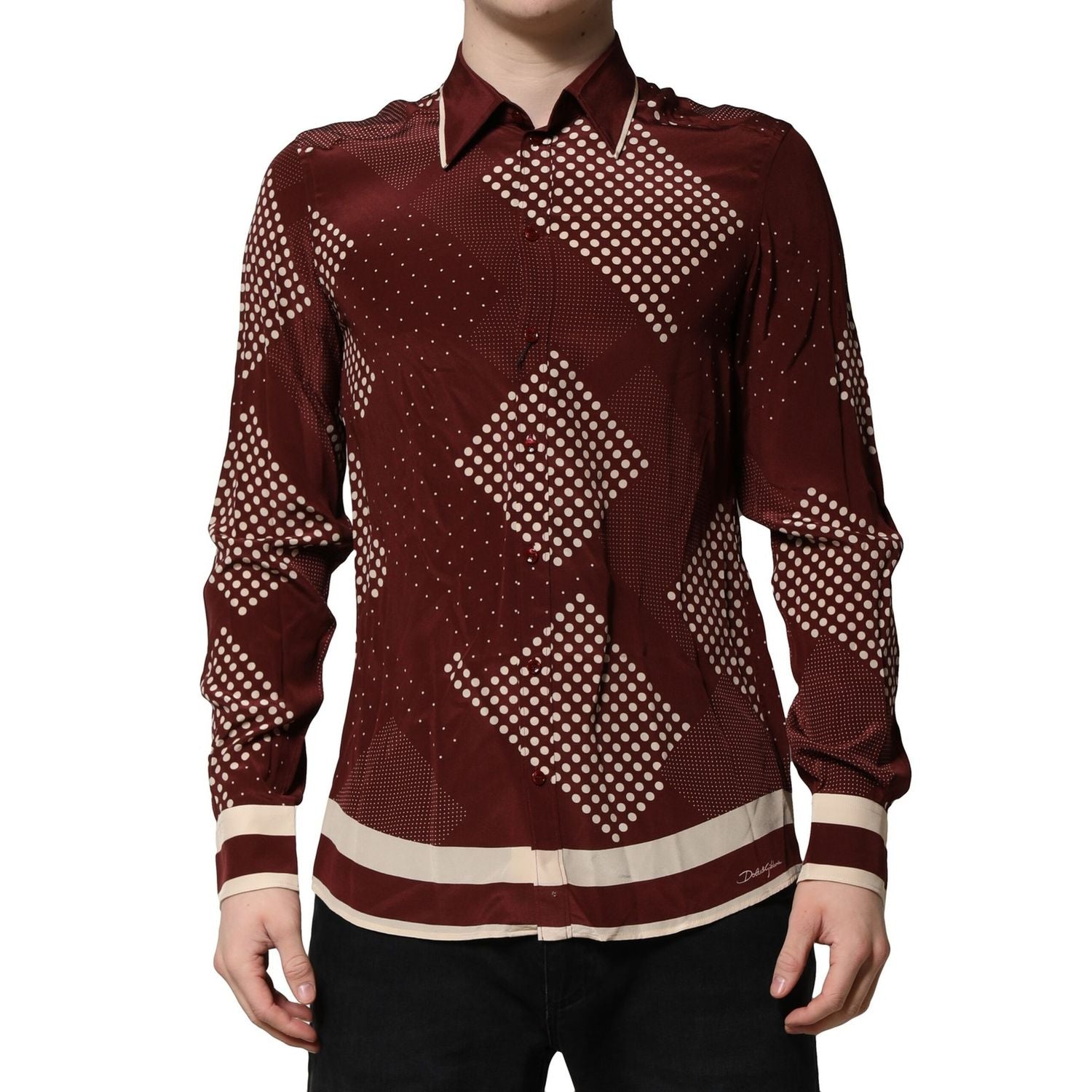 Dolce & Gabbana Maroon Dotted Silk Long Sleeve Casual Shirt