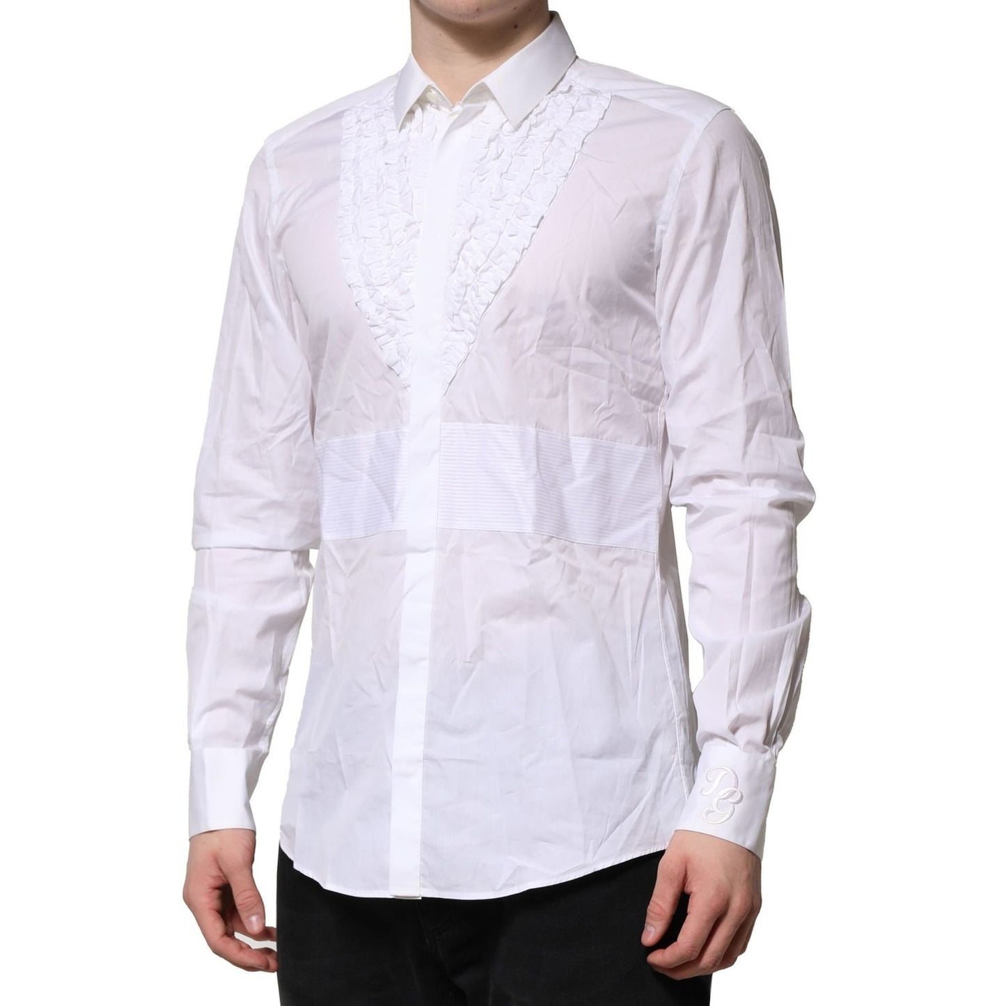 Dolce & Gabbana White Cotton Ruffled Detailing Formal Shirt