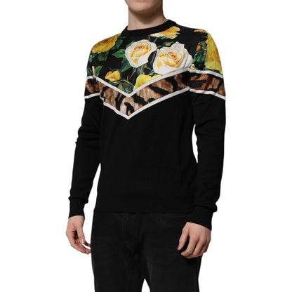Dolce & Gabbana Black Silk Floral Crew Neck Pullover Sweater