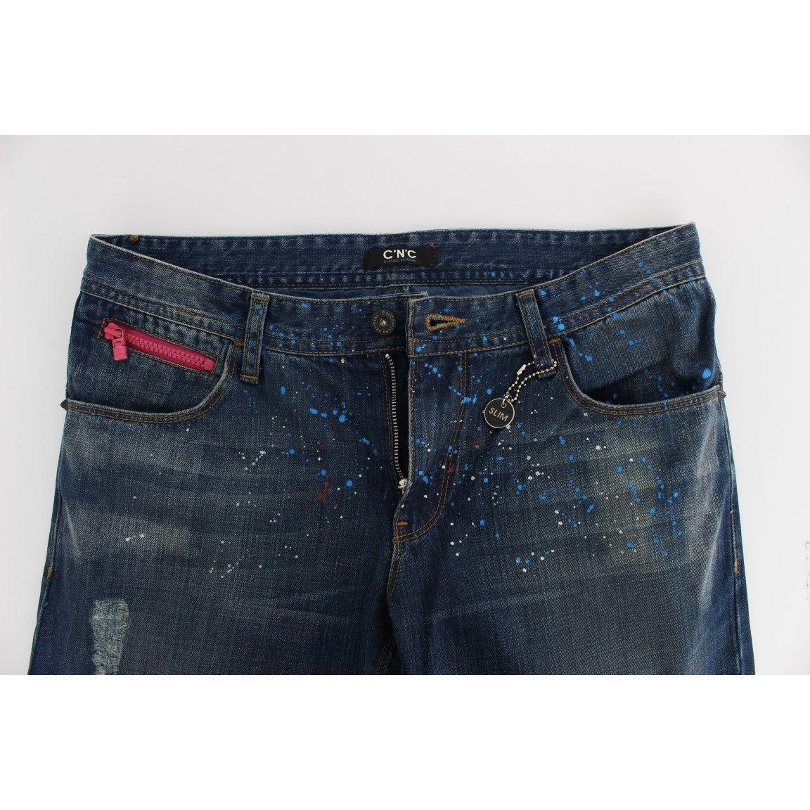 时尚蓝色水洗修身牛仔裤